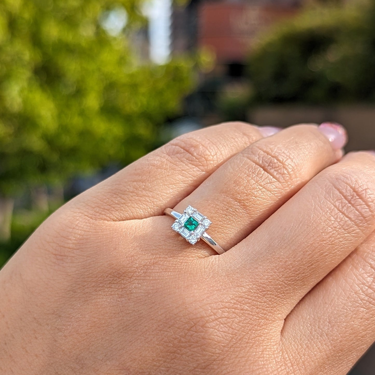 スクエアリングミニ PT・エメラルド0.07ct x ダイヤモンド0.32ct