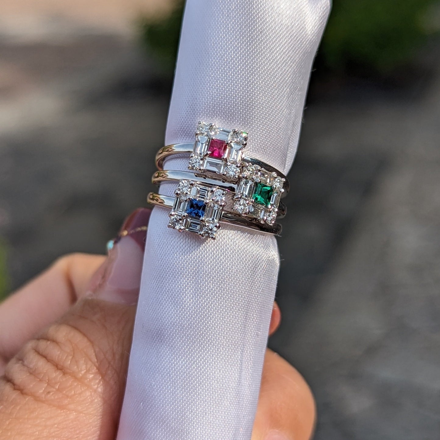 スクエアリングミニ PT・エメラルド0.07ct x ダイヤモンド0.32ct